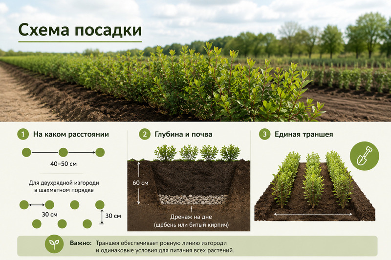 Схема посадки саженцев кизильника в живую изгородь от питомника ЦентроСад